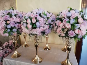 Aranjament floral nunta botez, culoarea roz + mov + verde